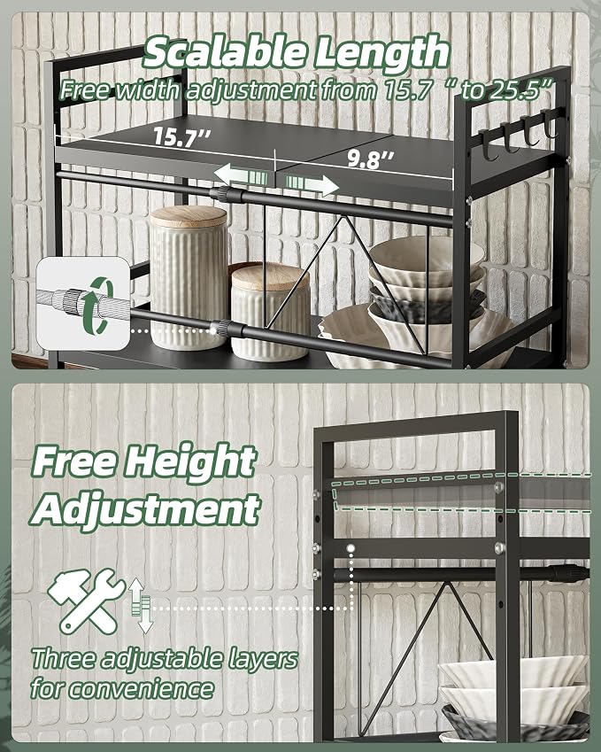 NETEL 3 Tier Expandable Microwave Stand countertop,Microwave Oven Rack,2Pcs | microwave shelf, storage shelves for pans &appliances,Adjustable partition height，55 Lbs load Per Tier,Black