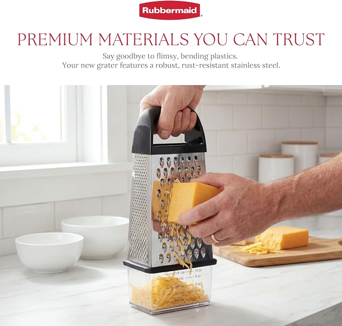 Rubbermaid EZ Grip Box Grater, Stainless Steel Cheese Grater & Container - BPA Free Multi-Surface Cheese Shredder & Food Grater for all Vegetables | Graters for Kitchen -Non-Slip Base, Dishwasher Safe