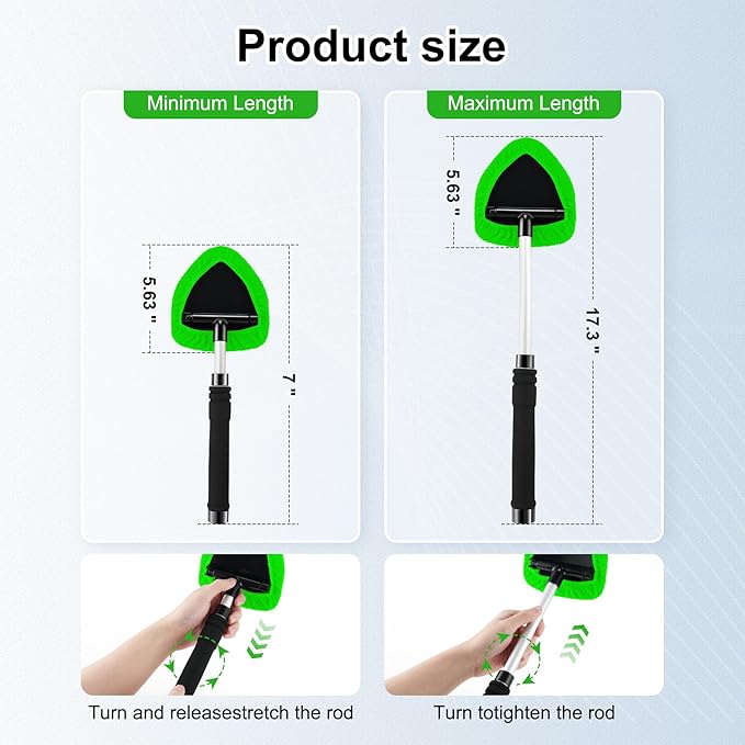 JUSTTOP Windshield Cleaner Tool, Car Interior and Exterior Window Cleaning Kit with Extendable Handle & 4 Reusable Microfiber Pads, Auto Glass Wiper Brush Kit for Car & Home Windows (Green)
