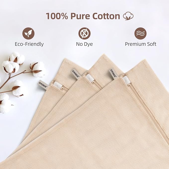 100% Pure Cotton Mesh Laundry Bags, Premium Soft, No Dye, Natual,Set of 3(XXL)