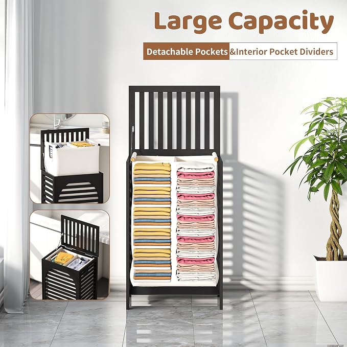 Laundry Hamper with Lid (16.9 * 13 * 26.5inches) Large Bamboo Laundry Bin Basket 85L Clothes Hamper with 1 Removable Bag Storage baskets for Bathroom(Black)