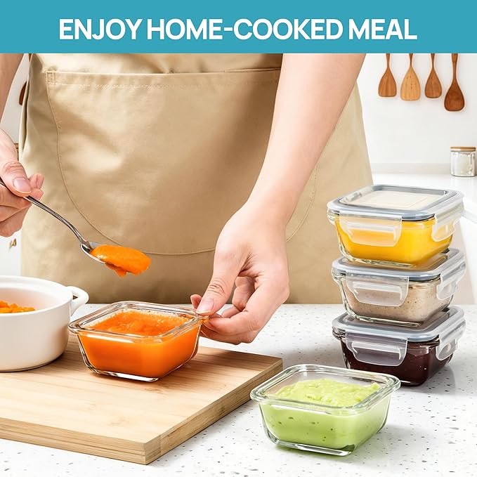 Vtopmart 5Pack 5oz Small Glass Storage Containers with Lids, Glass Meal Prep Food and Sauce Container Sets with Snap Airtight Lid for Microwave, Oven, Freezer and Dishwasher, Grey