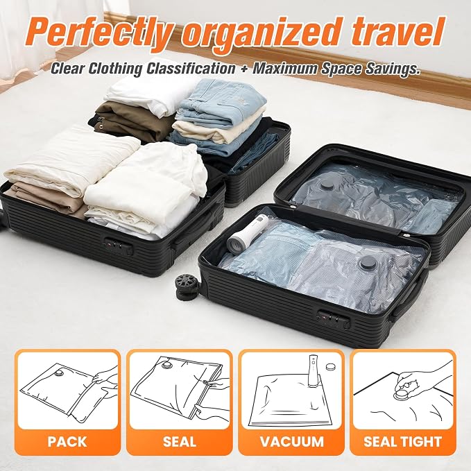 18 Pack Vacuum Storage Bags for Travel with Rechargeable Cordless Pump, Space Saver Bags for Clothes, Compression Packing Bags for Luggage and Suitcase, 18 Combo Size