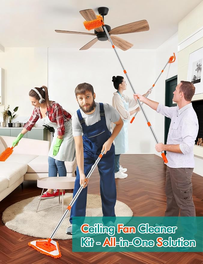 Ceiling Fan Cleaner Duster Kit, 4-in-1 with 76" Extendable Handle | 180° Rotating Head for Fan Blades, Blinds, Walls and Dusting, Wall Cleaner Mop Feather Duster Cleaning Kit