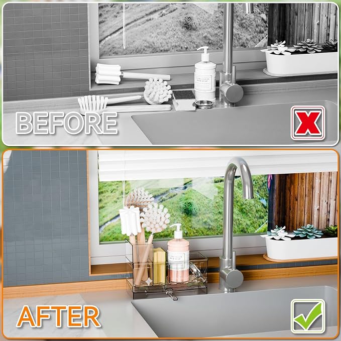 Yieach Clear Kitchen Sponge Holder for Sink,Acrylic Sponge Caddy for Kitchen Sink with Brush Holder,Rustproof Kitchen Sink Organizer for Sponge, Soap Dispenser Storage Accessories and Self Drain Tray