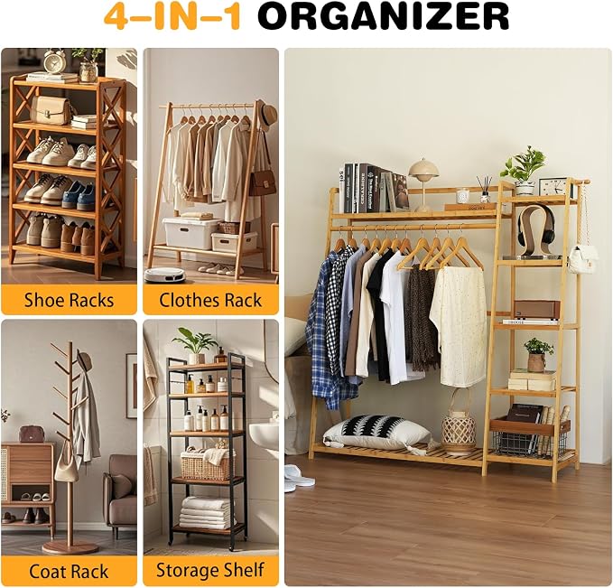 Baveke Bamboo Clothing Garment Rack Frame Made of FSC-Certified Bamboo, 7 Tier Storage Shelf Coat Clothes Hanging Rack, Portable Wardrobe Closet Organizer, Shoe Storage Shelves for Bedroom, Natural