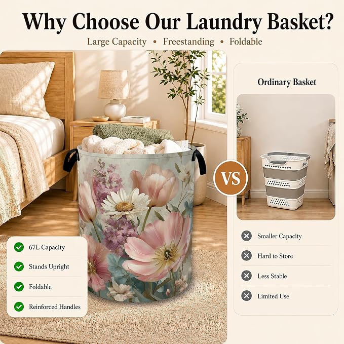 Pink Daisy Floral Large Laundry Hamper, Collapsible Oxford Clothes Basket with Handles, Freestanding Dirty Clothes Organizer for Bedroom Bathroom Dorm Laundry Room, 16 x 20.8 Inch