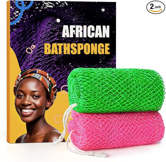 2 Pieces African Net Sponge Authentic, Durable Back Scrubber Washcloth for Shower, Exfoliating Net Sponge for All Skin, Bathing Accessories for Women (Pink and Green)