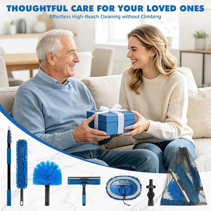 LOVECO Duster Kit with 3-12FT Extension Pole for High Ceilings Cleaning | 7 Pcs Include Cobweb Brush, Window Squeegee, Long Fan Duster, Wall Mop Head to Clean Dust, Hair & Cobweb on Various Surfaces