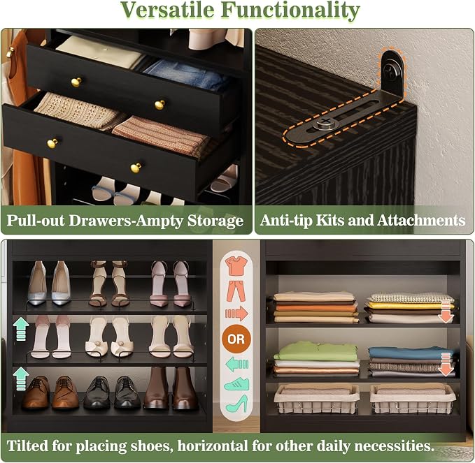 Besiost Closet System, Up to 134"/11.2 FT Closet Organizer with 4 Wooden Drawers and Shelves, Walk-in Closet System with 6 Hanging Rods, Built-in Closet Can Fit 96"/8FT, 120"/10FT, Black Set 2