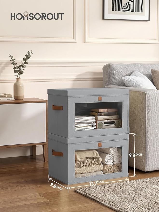 Homsorout Medium Fabric Storage bins - Collapsible Storage Bins with Open Window, 4 Pack Closet Baskets for Shelves, Stackable Decorative Boxes for Home, Dorm, Grey, 13.7"x 9.8" x 9.8"
