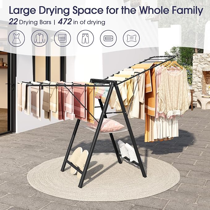 APEXCHASER Clothes Drying Rack, 67.7" L Height Adjustable, Foldable, Black | 1.5"Folded, No Assembly, Space-Saving, Spacious Design, Adjustable Wings, Clips, Mesh Shelf, Shoe Rack, Indoor & Outdoor Use