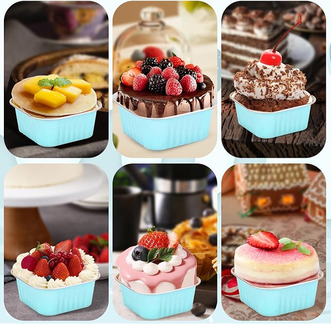 60Pack 5oz Blue Mini Cake Pans with Lids Baking Cups Aluminum Foil Pans Tins, Individual Dessert Cups Containers for Sales,Party,Picnics