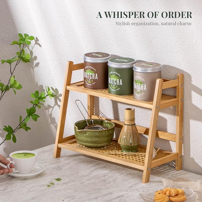 ANBOXIT Matcha Station Organizer, Countertop Bamboo Coffe & Tea Station | Rattan-Look 2 Tier Mug Holder Display Stand for Kitchen Condiment, Coffee Accessories, Home, Office