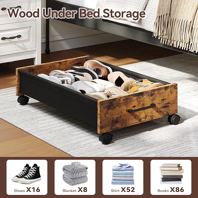 Wooden Under Bed Storage Drawer with Wheels for Space-Saving Storage | Ideal for seasonal clothing, extra blankets, shoes and everyday household essentials