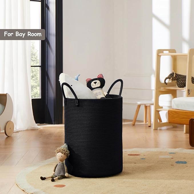 60L Black Hamper Laundry Basket Woven Clothes Hamper Tall | Modern Cotton Rope Blanket Storage Basket in Living Room Bedroom 15Dx20H inches