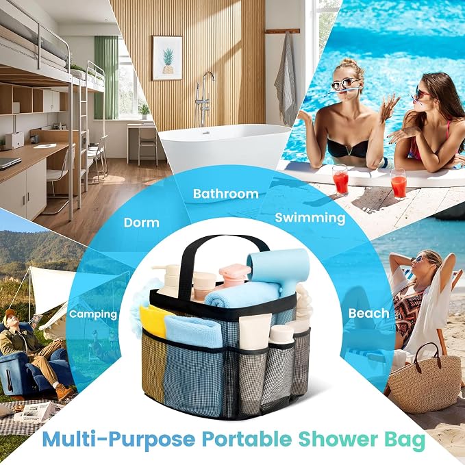 Mesh Shower Caddy Portable for College Dorm Room Essentials for Girls with 9 Pockets,Large-Capacity Shower Basket,Quick Dry Toiletry Tote Bag for Women,Outdoor Gym,Travel,Swim,Beach Camping Essentials