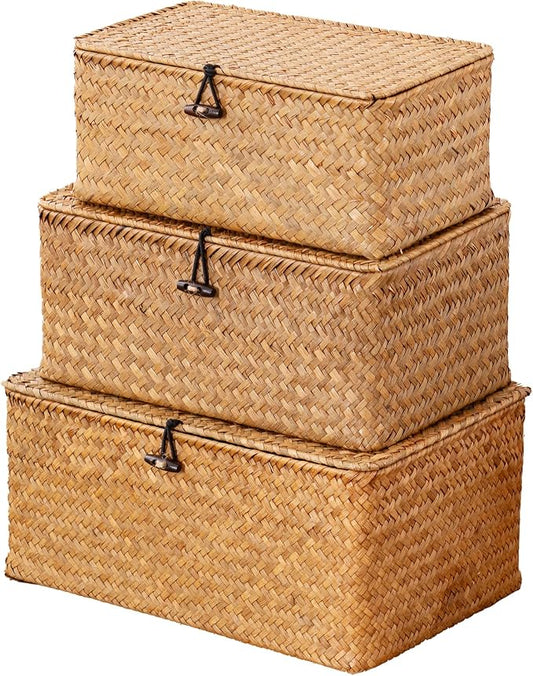 Nonam Large Storage Basket with Lid, Natural Seagrass Bin with Lid Set of 3, Shelf Baskets Multipurpose Container for Boho Decoration, Rectangular Household Storage Boxes for Home Organization-Natural