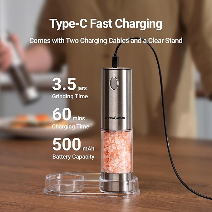ThermoMaven Electric Salt and Pepper Grinder Set, 110ml Larger Rechargeable Automatic Salt and Pepper Mill Grinder with 6 Adjustable Coarseness, Electric Salt and Pepper Shakers, LED, Greige