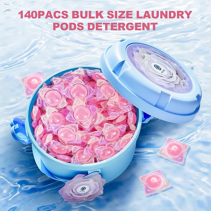 140-Count Laundry Detergent Pods, 5-in-1 Powerful Clean (Pear & Freesia) | 5-in-1 Powerful Stain Remover, Color Protector & Fabric Care, Deep Intensive Clean, Fresh Scent, HE Compatible