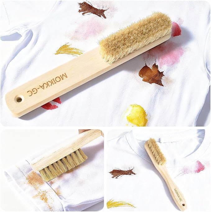Large + Small Laundry Stain Brush Set with Soft Boar Bristles | Wooden Handle, Tough on Stubborn Stains, Gentle on Cotton, Linen, Knits, Large for Broad Surfaces, Small for Details