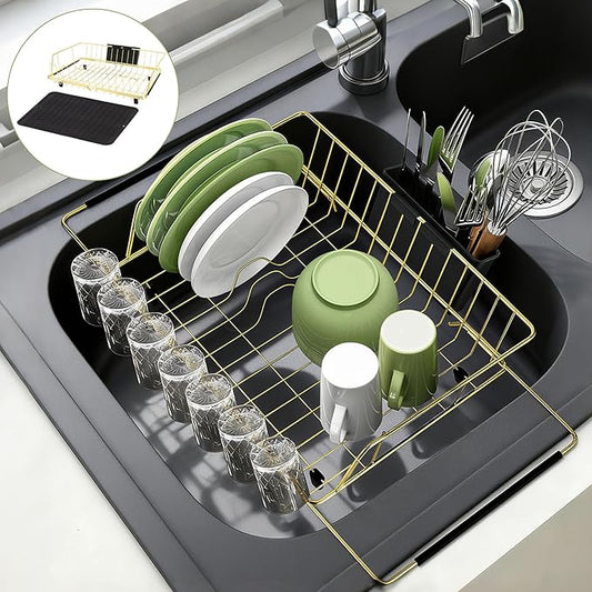 Dish Drying Rack-Large Stainless Steel Dish Drainer Over The Sink for Kitchen Countertop with Utensil Holder and Silicone Drying Mat(Gold, in Sink, 24.2'*13.2')