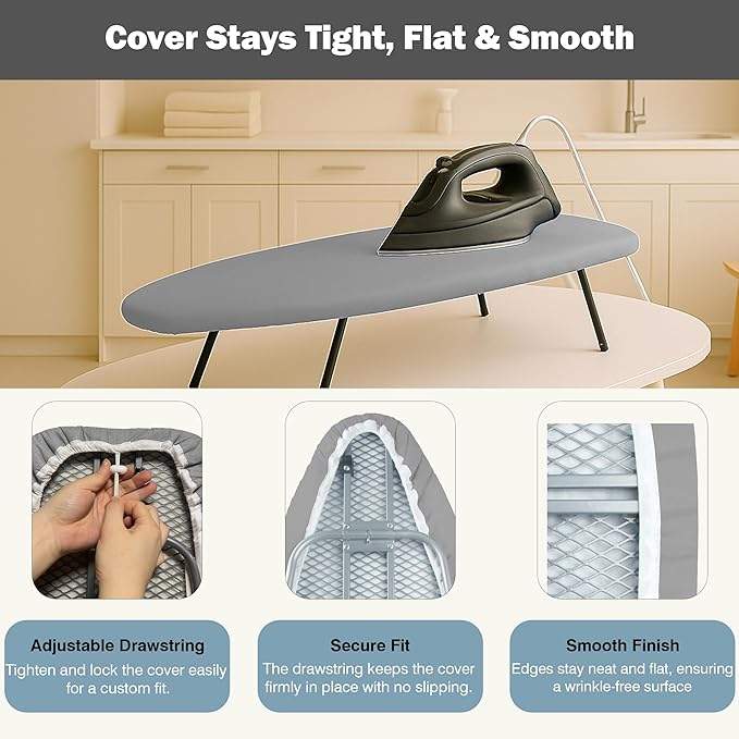 UniSimp Small Ironing Board Cover and Pad 12"x32" Small Iron Board Cover with Padding,Tabletop Mini Ironing Board Cover and Pad Small Size, Cotton Canvas, Heat Resistant, Drawstring Gray
