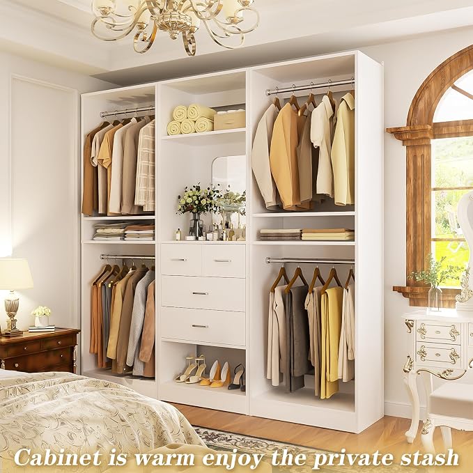Unikito 75 Inch Closet System with 4 Drawers, 6.3FT Walk in Closet Organizer with Hanging Rods and Mirror Design, Reversible Large Closet Wardrobe with Shelves, Adjustable Closet Tower, White