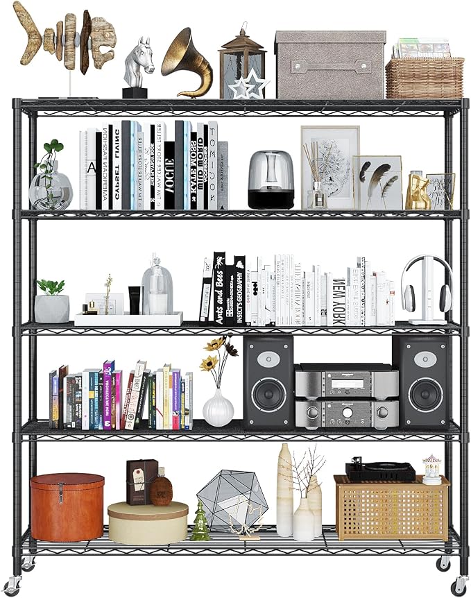 Karl home 5-Tier Adjustable Metal Storage Shelves, Wire Unit with Wheels | Heavy Duty Wire Storage Rack Organizer, Multipurpose Shelving for Garage, Pantry, Kitchen Display