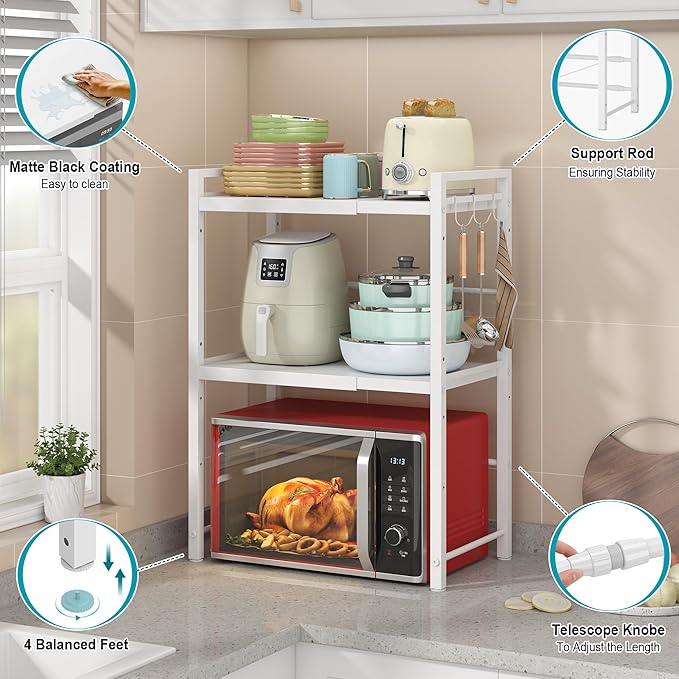 DOLALIKE Expandable Microwave Stand Kitchen Countertop Organizer, White | Adjustable Microwave Oven Rack Metal Storage Shelf with 3 Hooks for Pans Small Appliances Kitchen Utensils Tableware, 3-Ter