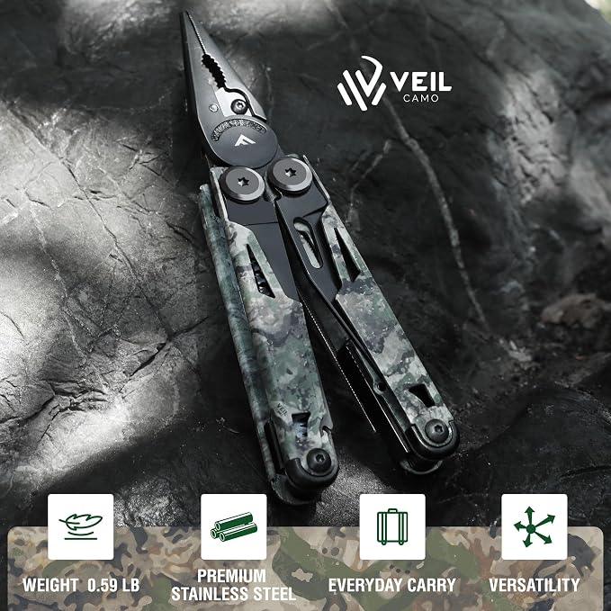 FLISSA 15-in-1 EDC Multitool Pliers with Sheath, Pocket Knife | Stainless Steel with Knife, Saw and Screwdrivers. Nylon Carry Case for Camping Fishing Survival, EDC Gear, Camo Finish