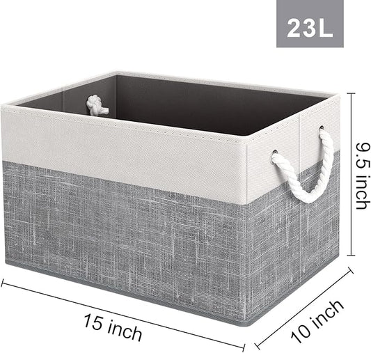 Fab Totes Foldable Storage Baskets - 6-Pack, Organize Toys, Books, Shelves, Closet - Large Storage Box with Rope Handles, Sturdy White & Grey Bins