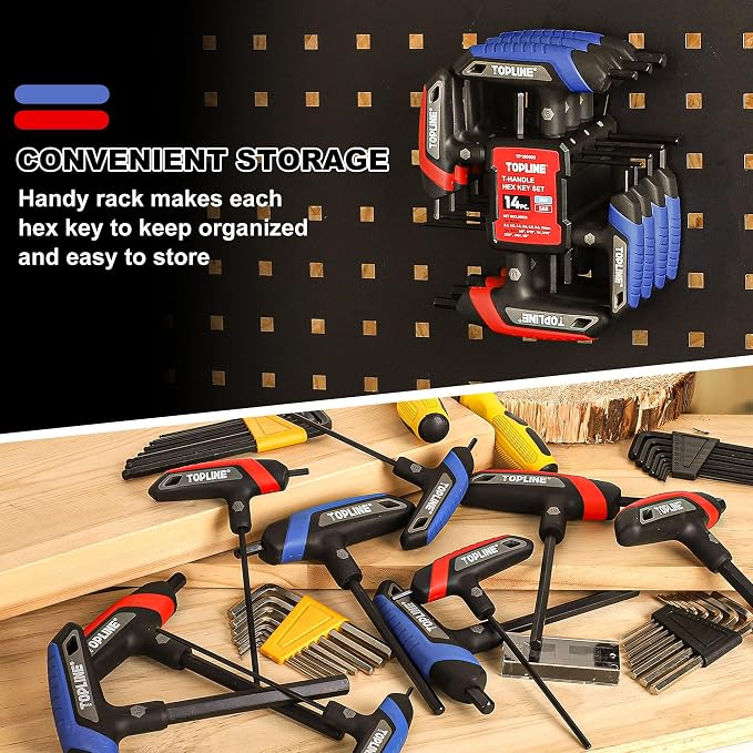 Topline 14-Piece T-Handle Allen Wrench Set, Hex Keys Set with Storage Rack | Metric&SAE, Long Arm, Portable Allen Key Set for Basic Home Repair and Mechanics Maintenance