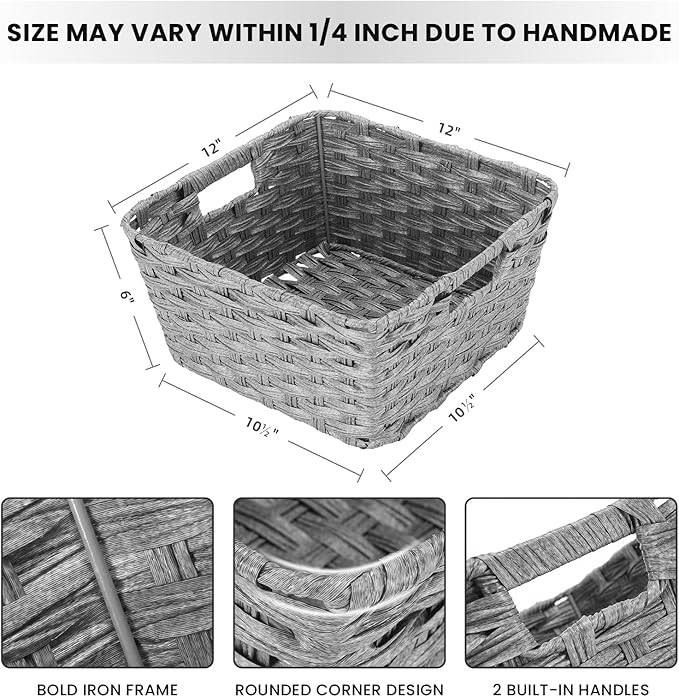 Onlytak Wicker Storage Baskets, Baskets for Shelves, Toilet Paper, Woven Storage Baskets for Organizing, Grey, 12" x 12" x 6", 2-Pack