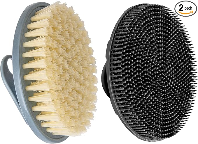 INNERNEED Food-Grade Soft Silicone Body Scrubber Shower Brush Handheld Cleansing Skin Brush, with PP Shower Brush for Exfoliating, Cellulite Treatment