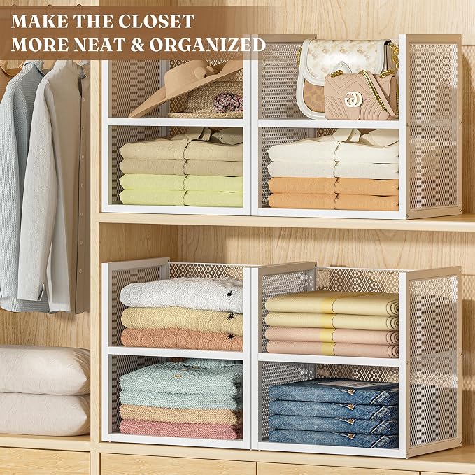 DAOUTIME 4-Tier Stackable Closet Organizers and Storage Basket, Wire Closet Shelf Organizer, Sweater Storage Oragnizer Bins, Multifunctional Clothes Storage Drawer Organizer for Wardrobe, White