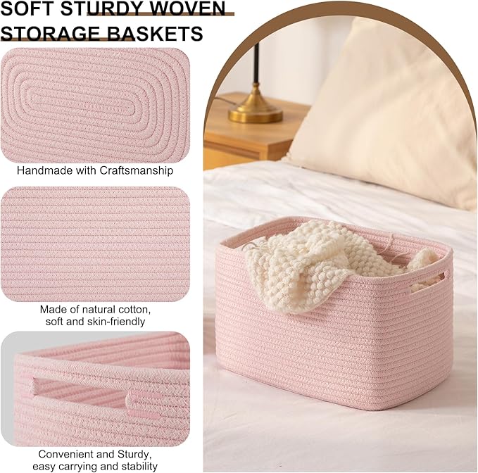 OIASKET Storage Baskets for Organizing, Woven Decorative Baskets for Shelves - Books, Towels, and Clothes, Cotton Rope Toy Storage Bins, 12.7''Lx9''Wx7.8''H, Pack of 4, Pink
