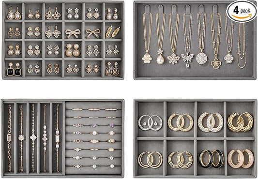 Jewelry Organizer for Drawer, Velvet Jewelry Drawer Organizer Inserts, 4-Layer Grey Stackable Jewelry Trays for Rings Earrings Necklaces Bracelets with Removable Dividers for Dresser Vanity