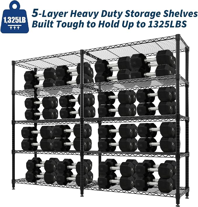 Garvee 71" Wide Storage Shelves Metal Shelving Units 5 Tier, 1325LBS | Heavy Duty & Adjustable Wire Shelving Rack, Standing/L-shaped, Use for Garage Kitchen Pantry Warehouse, Black
