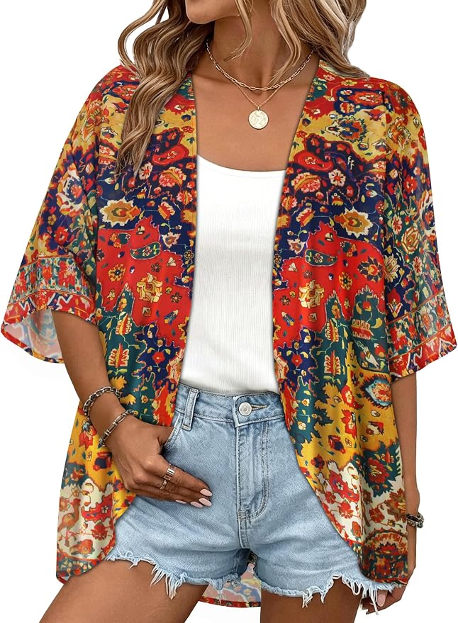 Women Kimono Cardigans Summer Cover Up Hawaiian Shirts Floral Print Tops | ROSEMIA chiffon kimono open front cardigans, beach cover ups, daily casual tops, cruise outfits, summer resort wear