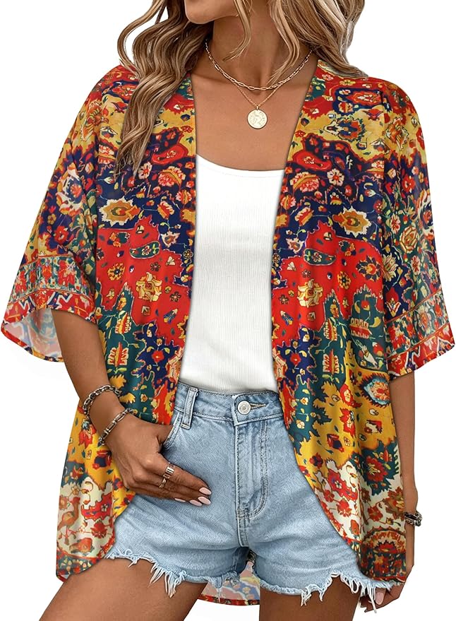 Women Kimono Cardigans Summer Cover Up Hawaiian Shirts Floral Print Tops | ROSEMIA chiffon kimono open front cardigans, beach cover ups, daily casual tops, cruise outfits, summer resort wear