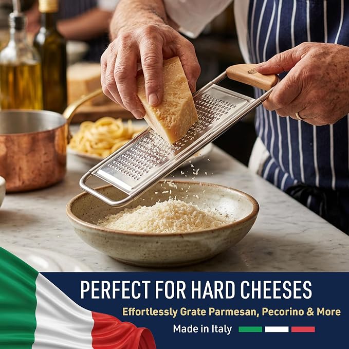 Cheese Grater Handheld - Stainless Steel Flat Food Grater with Cherrywood Handle - Fine Shredder Kitchen for Hard Cheese, Spices, and Zesting - Italian Made Kitchen Gadgets by Kings County Tools