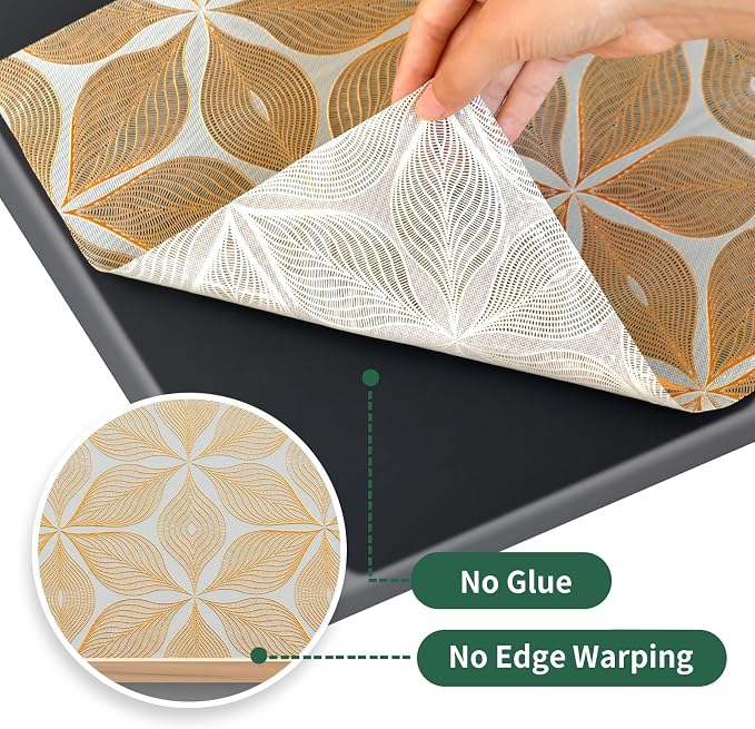 3D Drawer and Shelf Liner for Kitchen Cabinet: 17 in X 30 Ft Waterproof | Shelf Paper Non Adhesive Refrigerator Liners Golden Leaf Easy Liners for Bathroom with Knife Tape Measure