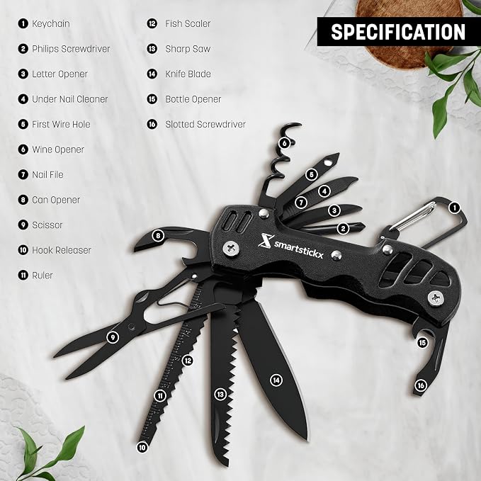 16-in-1 Black Swiss Army Knife – Military Grade Steel Multitool | Fish Scaler, Bottle Opener, Scissors, Saw, Screwdrivers, Keychain Ring, Anti-Oxidation Coating, Compact EDC Pocket Size