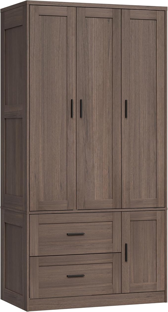 ANCTOR 70.6 Inch Armoire Wardrobe Closet with Drawers (Dark Walnut) | Freestanding engineered wood armoire with a hanging rod, adjustable shelves and concealed storage for bedroom organization