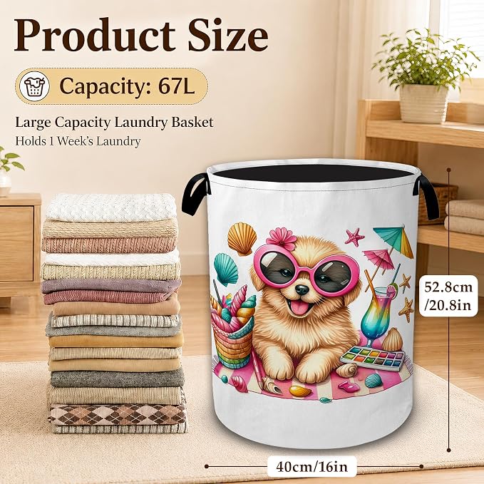 Beach Puppy Summer Vacation Collapsible Laundry Hamper for Bedroom, Freestanding Oxford Clothes Basket, Large Foldable Storage Bin with Easy-Carry Handles for Bathroom Dorm Laundry Room
