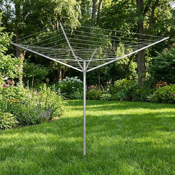 Household Essentials Collapsible Umbrella Clothesline Outdoor Dryer in Aluminum Arms and Steel Post, Silver