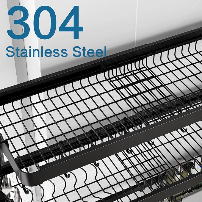 LIVOD Over The Sink Dish Drying Rack,3 Tier Adjustable Length Full Stainless Steel Large Storage Kitchen Dish Rack,for Kitchen Counter Expandable Multifunctional Organizers,Silver(25.5'' to 37.4'')