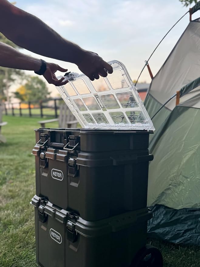 Keter Stack-N-Roll Outdoor Gear Organizer, 3-Piece Rolling Storage System | For Camping, Fishing Tackle, Hunting Equipment & RV Accessories, Modular Waterproof Tool Box with Wheels