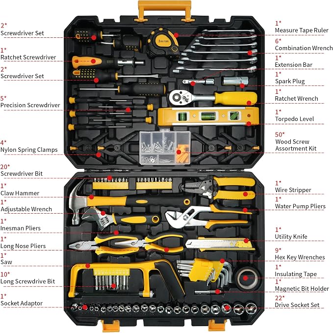 168-Piece Tool Set with Screwdrivers Ratchet Wrenches Tool Kit for Home | Tool Set with Socket Wrenches, Hand Saw, Hammer General Tool Kit for Dorm, Motorcycle, Plumbing Repairs